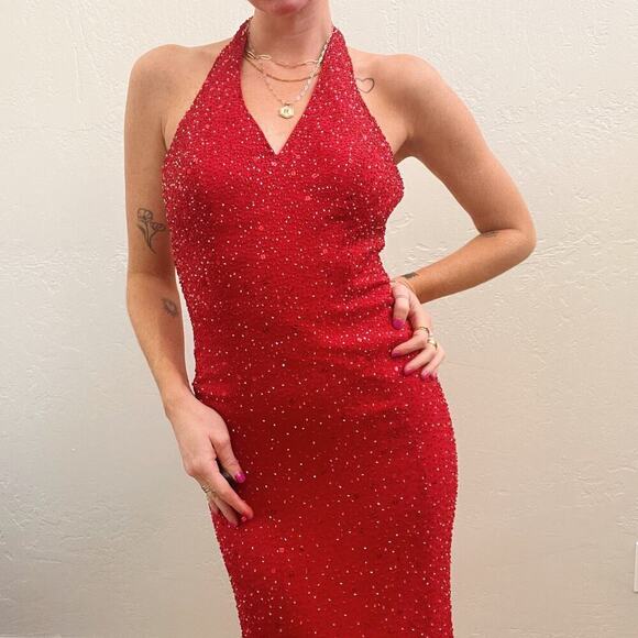 Vintage 1990's 100% Silk Red Beaded Formal Maxi Halter Gown - Picture 4 of 10